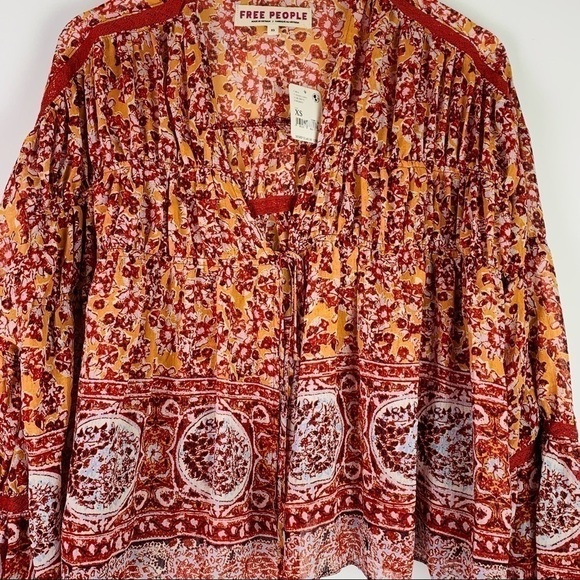Free People‎ Boho Floral Blouse Women's Size XS Bell Sleeve Peasant Top Comfy - Picture 6 of 15